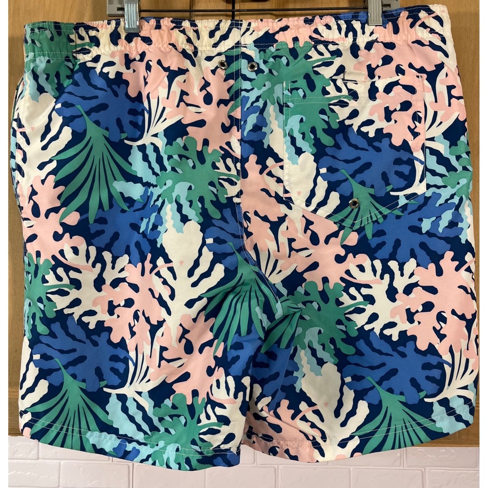 Lands' End Swim Trunks Mens L Blue Pink Tropical Coral Print Shorts